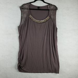 Maurices Plus Women's 3X Beaded Rhinestone Neck Dressy Tank Top Brown Lace‎ Trim